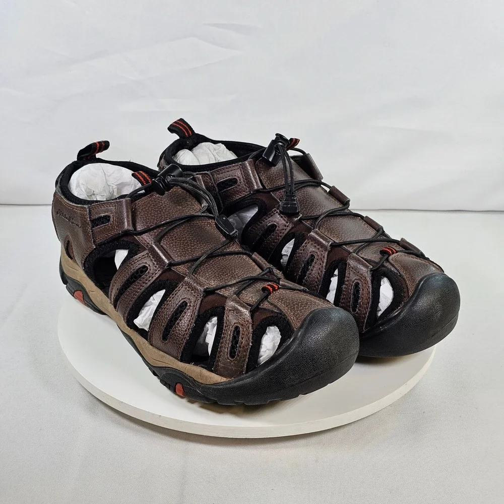 Eddie Bauer Mens 12 Brown Leather Hiking Sandals Closed Toe Water Shoes Bungee
